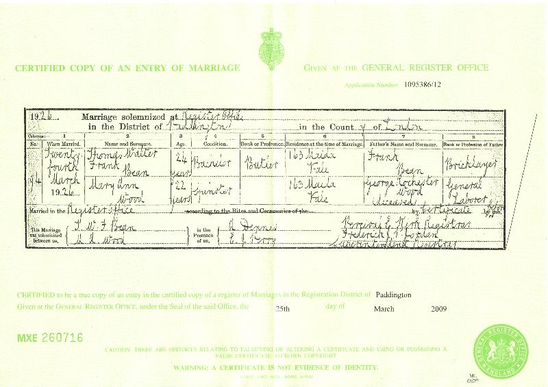 Thomas Walter Frank Bean & Mary Ann Wood 1926 Marriage Certificate